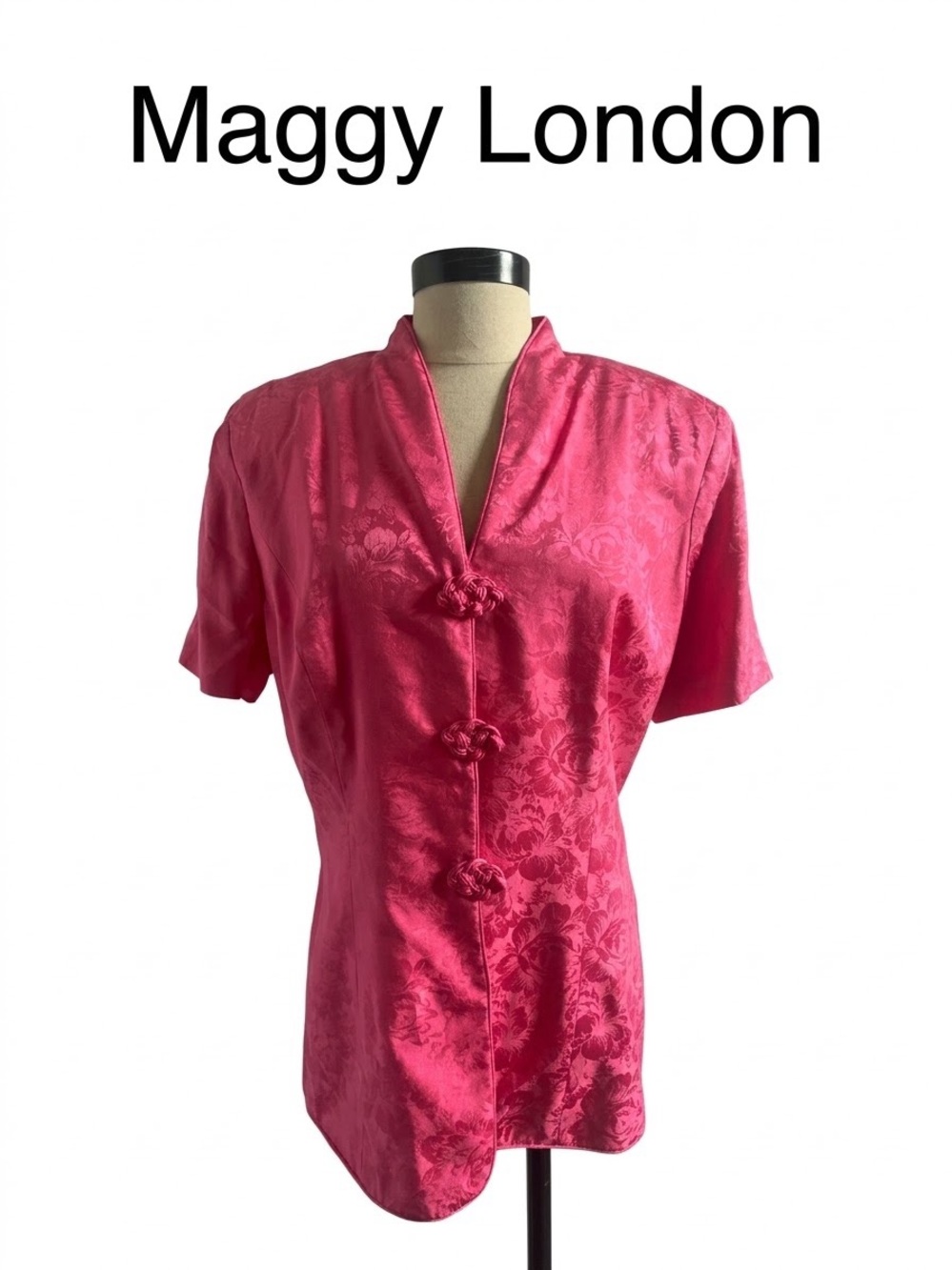 Vintage Maggy London Pink 100% Silk Jacquard Short-Sleeve Top Size 14 0267